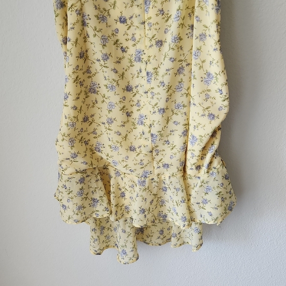 Forever 21 Yellow Ditsy Floral Mini Dress side ruching ruffle hem cami Sz S NWT - Picture 8 of 15